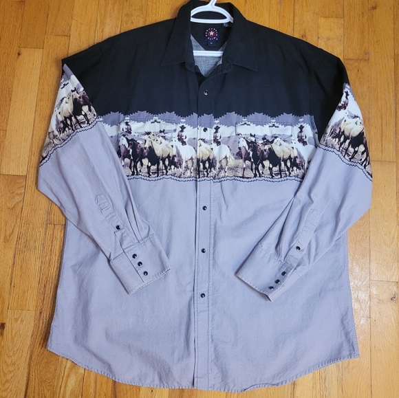 Panhandle Slim Mens Western Shirt XL Blue Panel Horses Pearl Snap Closure - Picture 1 of 7
